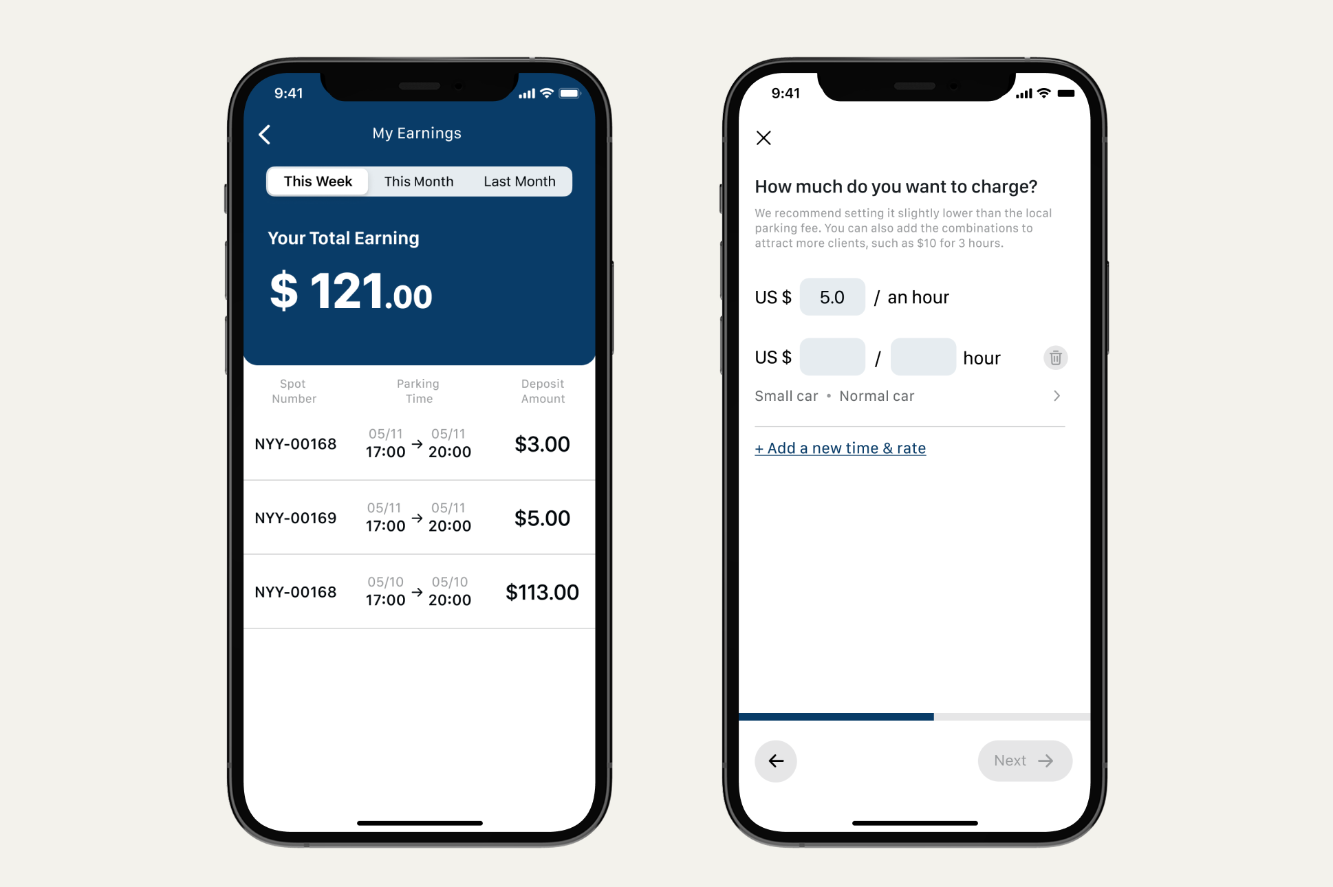 Earnings dashboard with dynamic pricing